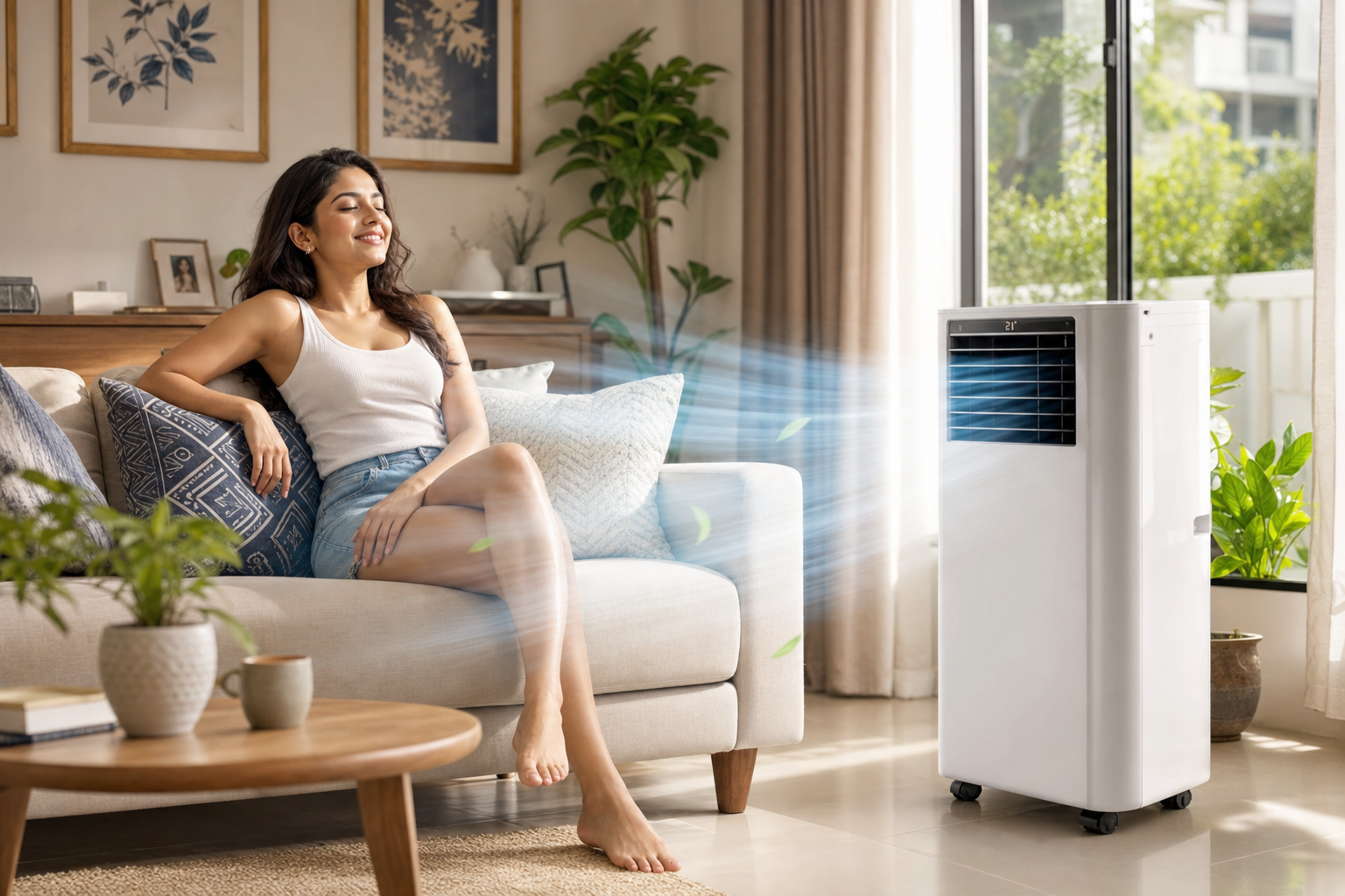 ArcticCool portable air conditioner cooling an Indian living room
